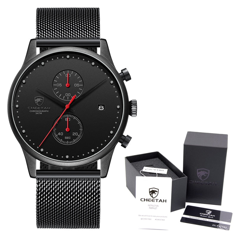 New Men Watches Chronograph Quartz Watch Men Stainless Steel Waterproof Sports Clock Watches Business reloj hombre Black Red Box, China