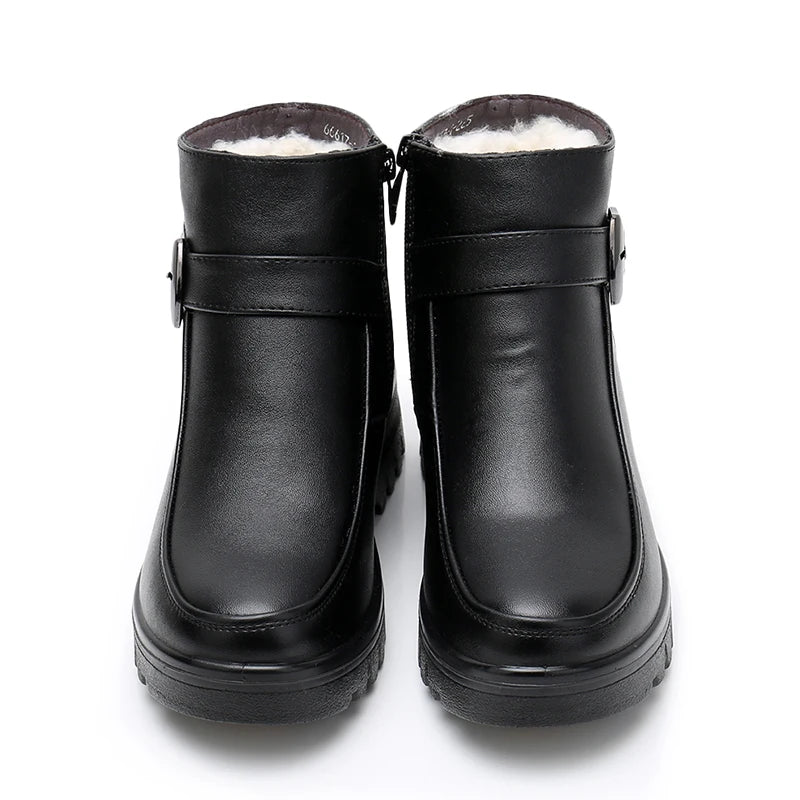 Winter Women Genuine Leather Ankle Boots Female Thick Plush Warm Snow Boots Mother Waterproof Non-slip Booties