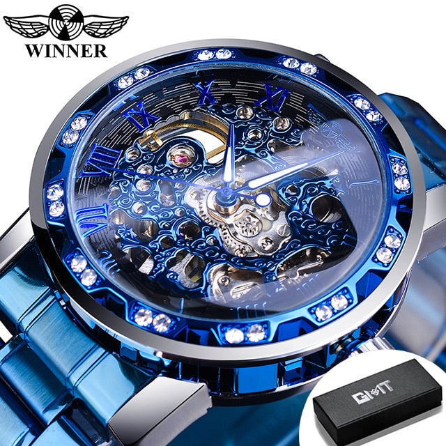 Winner Transparent Fashion Diamond Luminous Gear Movement Royal Design Men Top Brand Luxury Male Mechanical Skeleton Wrist Watch S1089-12