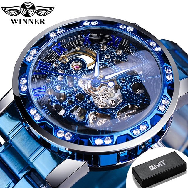 New Men Mechanical Skeleton Wrist Watch Winner Transparent Fashion Diamond Luminous Gear Movement Royal Design Men Top Brand Luxury Male