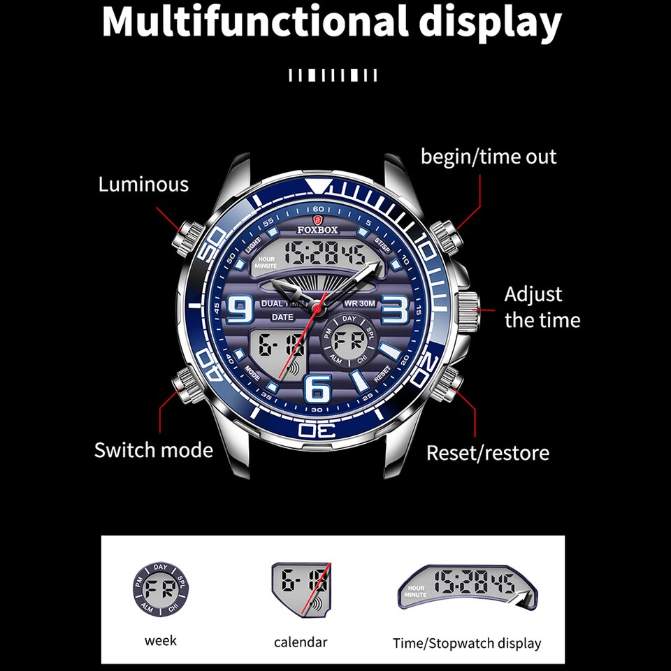 Foxbox Digital Mens Watches Top Luxury Sport Quartz Wristwatch For Men All Steel Military Waterproof Clock+Box