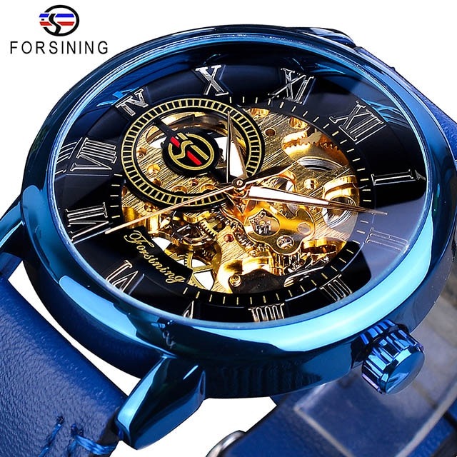 New Men Forsining Black Gold Watch 3d Logo Design Hollow Engraving Black Gold Case Leather Skeleton Mechanical Watches Men Luxury Brand Heren Horloge