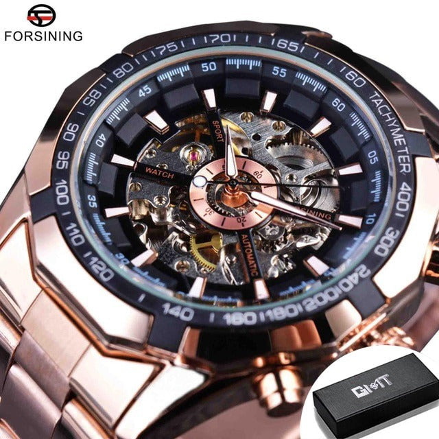 New Men Forsining Stainless Steel Watch Waterproof Mens Skeleton Watches Top Brand Luxury Transparent Mechanical Sport Male Wrist Watches