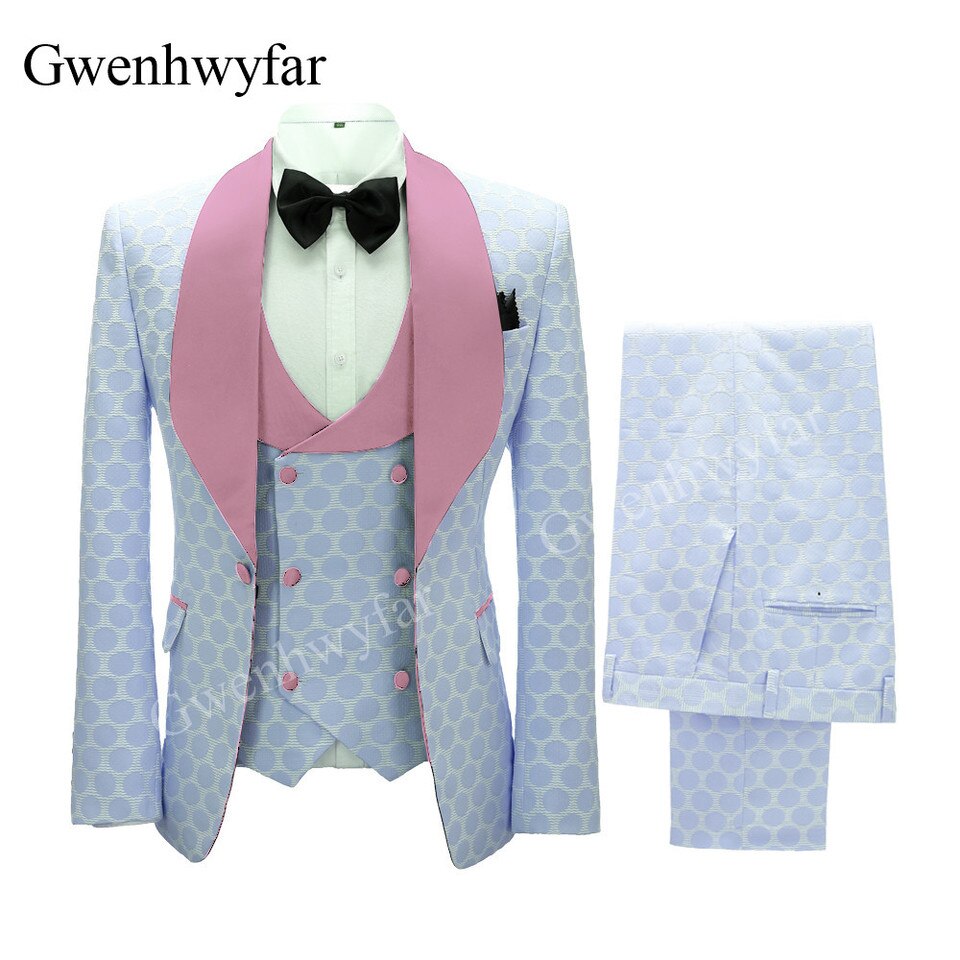 New Polka Dot Dress Suit for Men Custom Made Shawl Lapel Blazer Vest with Pants Fashion Wedding Tuxedos Groomsmen Wear image color 10, M