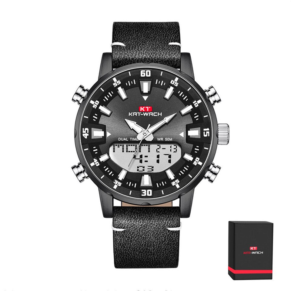 Watch Male Sports Digital Watches Men Waterproof Steel Military Quartz Wristwatch For Men Relogio Masculino Leather Black Box