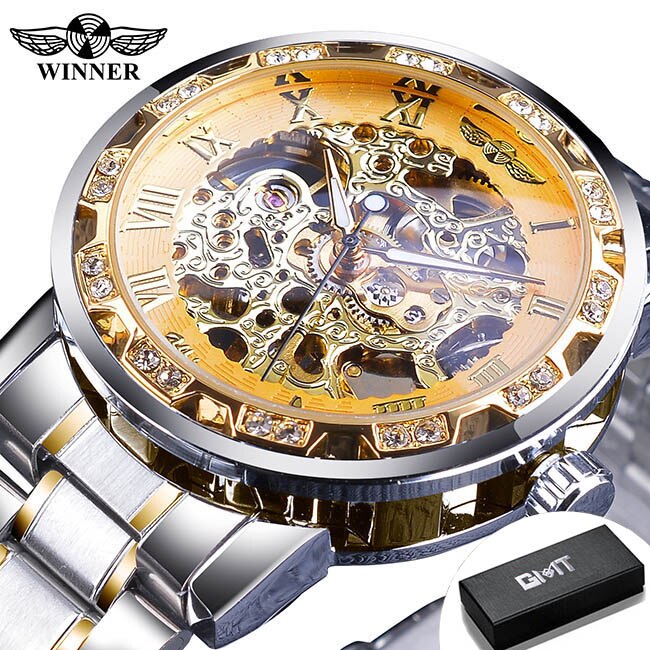 Winner Transparent Fashion Diamond Luminous Gear Movement Royal Design Men Top Brand Luxury Male Mechanical Skeleton Wrist Watch S1089-5