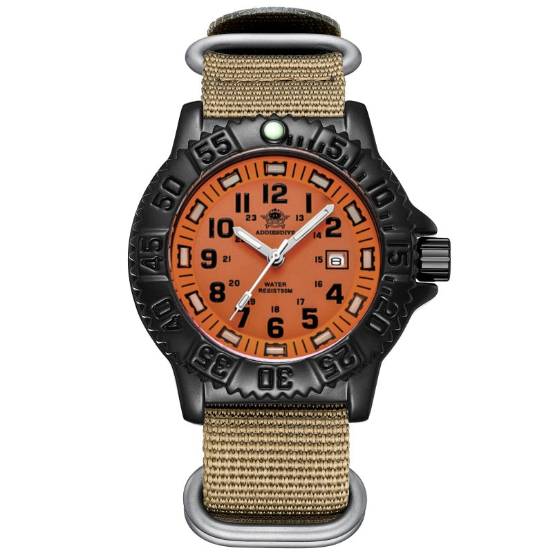 Addies Dive Men Fashion Casual Watch Calendar Display 50m Waterproof Tube Luminous Watch Orange Dial Rotating Bezel Quartz Watch