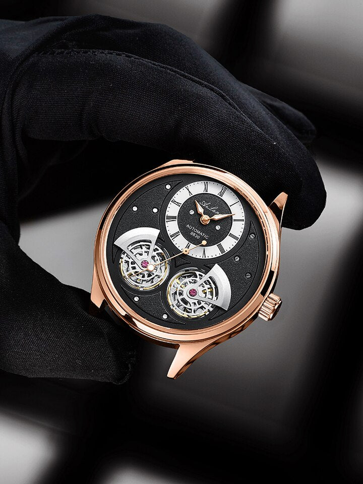 Double Pendulum Hollow Tourbillon Men Automatic Mechanical Watch Deep Waterproof Leather Watch