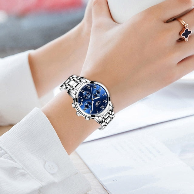 Ladies Watches Top Brand Luxury Fashion Stainless Steel Watch Women Chronograph Quartz Clock Waterproof Wristwatch silver blue, China