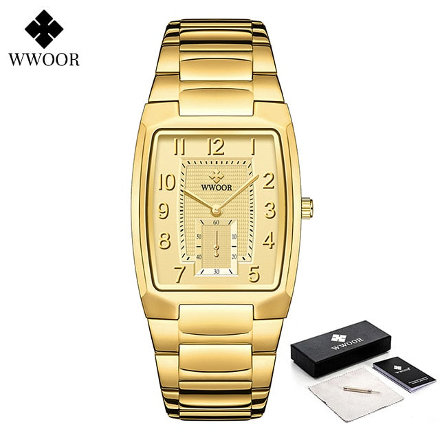 New Square Watch Men with Automatic Week Date Luxury Stainless Steel Gold Mens Quartz Wrist Watches Relogio Masculino 37-2 gold