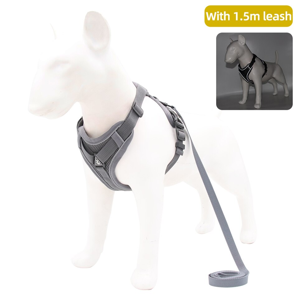 Dog Harness with 1.5m Traction Leash Set No Pull Dog Vest Strap Adjustable Reflective Breathable Harness for Dogs Puppy and Cats Gray, S