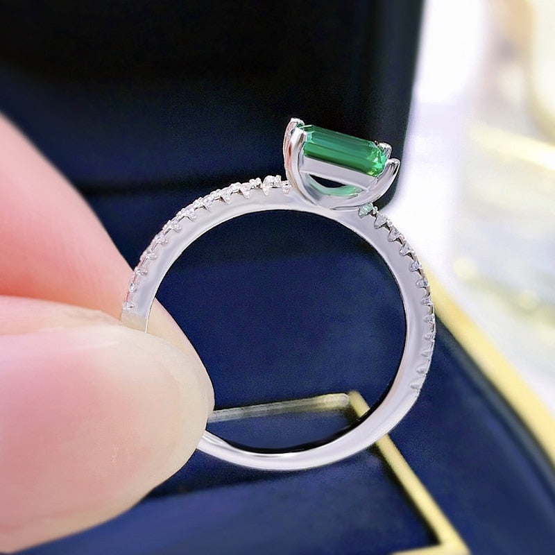 100% 925 Sterling Silver 4*6mm Synthetic Emerald Wedding Rings For Women Sparkling Wedding Engagement Fine Jewelry Gift