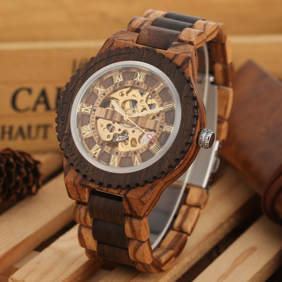 New Men Luxury Round Automatic Watches Quality Top Brand Watch for Men Fashion Wood Clock Adjustable Wooden Bracelet Mechanical Wrist watch