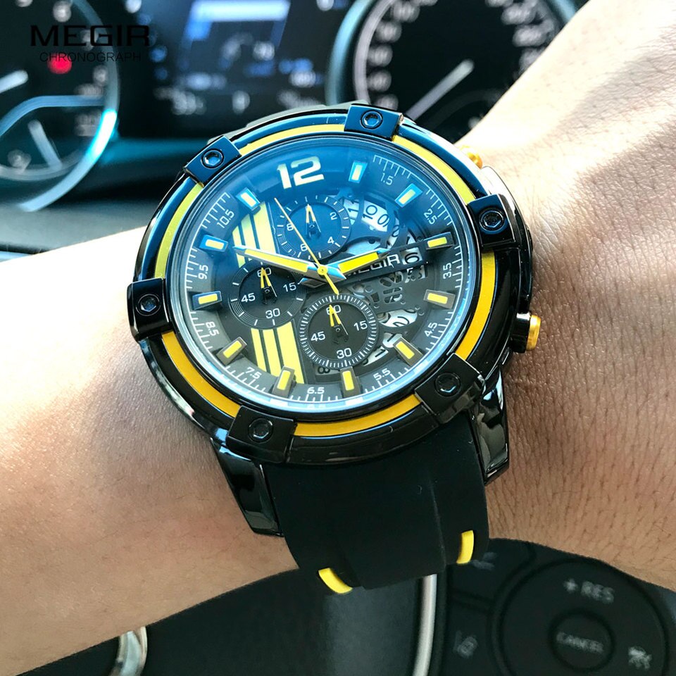 Men Sports Quartz Watch Yellow Chronograph with Black Silicone Strap Luminous Hands Waterproof 3 ATM Code 2097