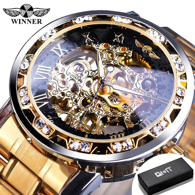 Winner Transparent Fashion Diamond Luminous Gear Movement Royal Design Men Top Brand Luxury Male Mechanical Skeleton Wrist Watch S1089-8