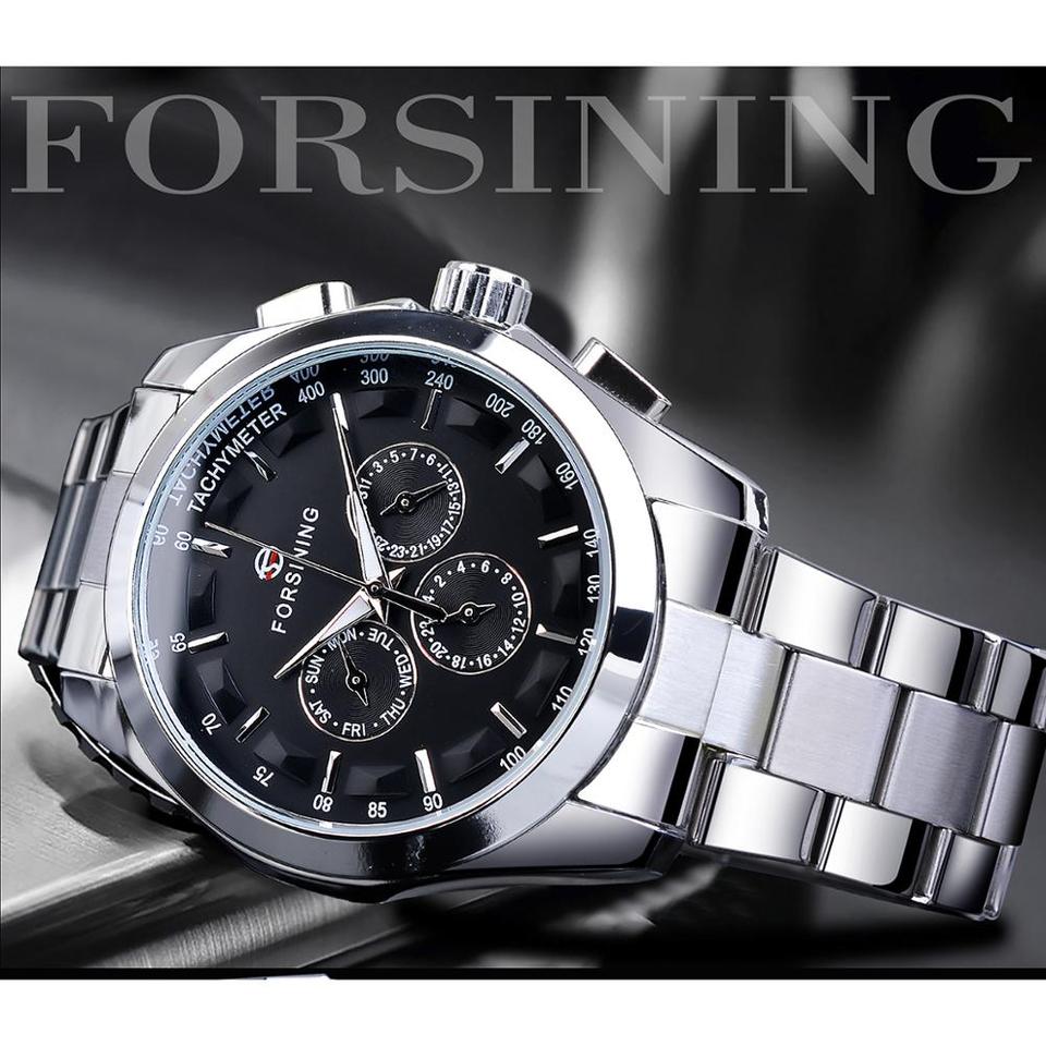 New Men Forsining Black Mechanical Watch 3 Dial Calendar Automatic Self Wind Clock Business Sport Stainless Steel Belts Wristwatch