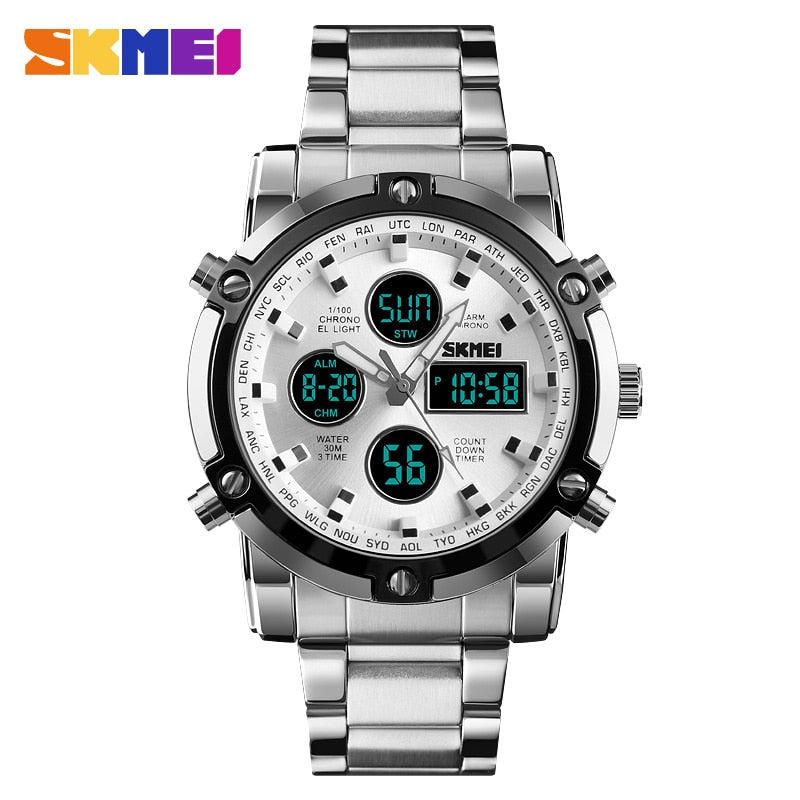 Fashion Men Wristwatch SKMEI Watch Sport Digital Bracelet 3 Time Countdown Mens Clock Stainless Steel Watches  Male Business