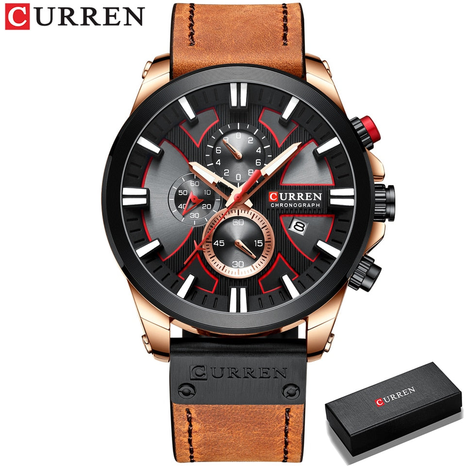 Watch Chronograph Sport Mens Watches Quartz Clock Leather Male Wristwatch Relogio Masculino Fashion Gift for Men brown rose box, China