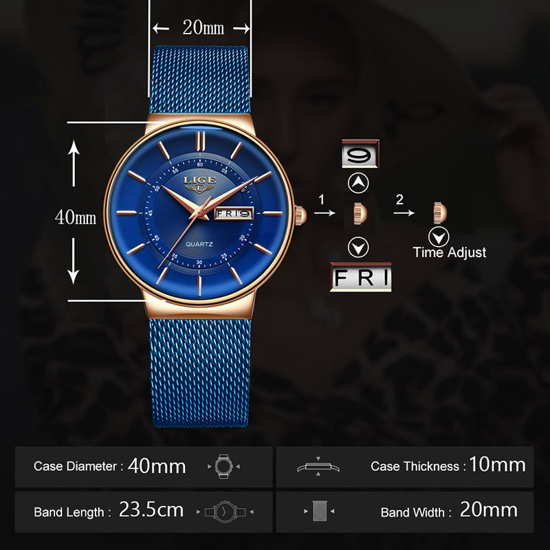 Women Watches Luxury Brand Ultra Thin Calendar Week Quartz Watch Ladies Clocks Mesh Stainless Steel Waterproof