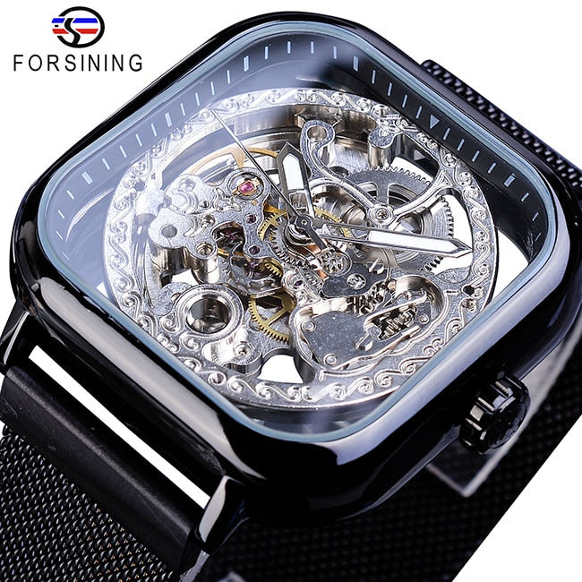 New Men Forsining Golden Automatic Watch Square Skeleton Mesh Steel Band Mechanical Business Clock Relogio Masculino Erkek Kol Saati