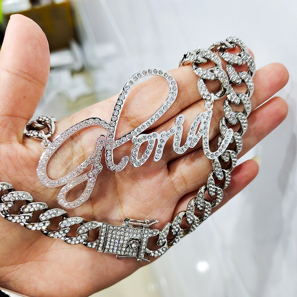 Customized Stainless Steel Words Name Necklaces 1.2cm Rhinestone Cuban Chain Miami Cuban Link for Men Women Hip hop Jewelry