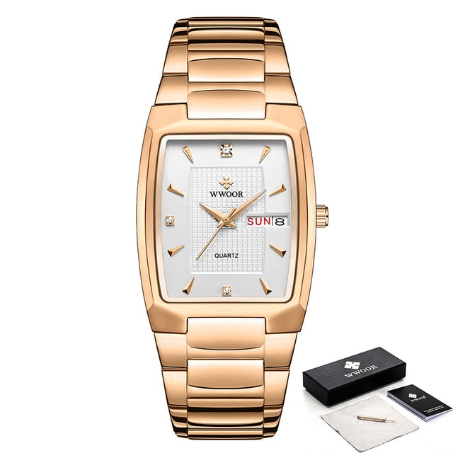 New Square Watch Men with Automatic Week Date Luxury Stainless Steel Gold Mens Quartz Wrist Watches Relogio Masculino