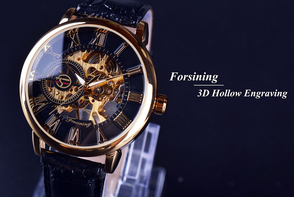 New Men Forsining Black Gold Watch 3d Logo Design Hollow Engraving Black Gold Case Leather Skeleton Mechanical Watches Men Luxury Brand Heren Horloge