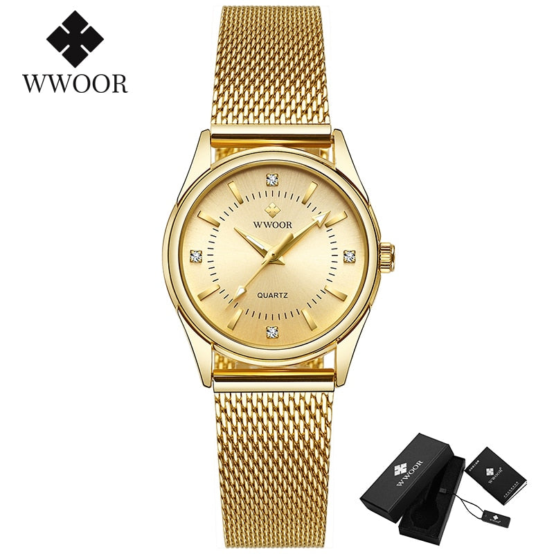 Luxury Brand Dress Gold Watch Ladies Elegant Diamond Small Quartz Wrist Watches For Women Steel Mesh Clock zegarek damski