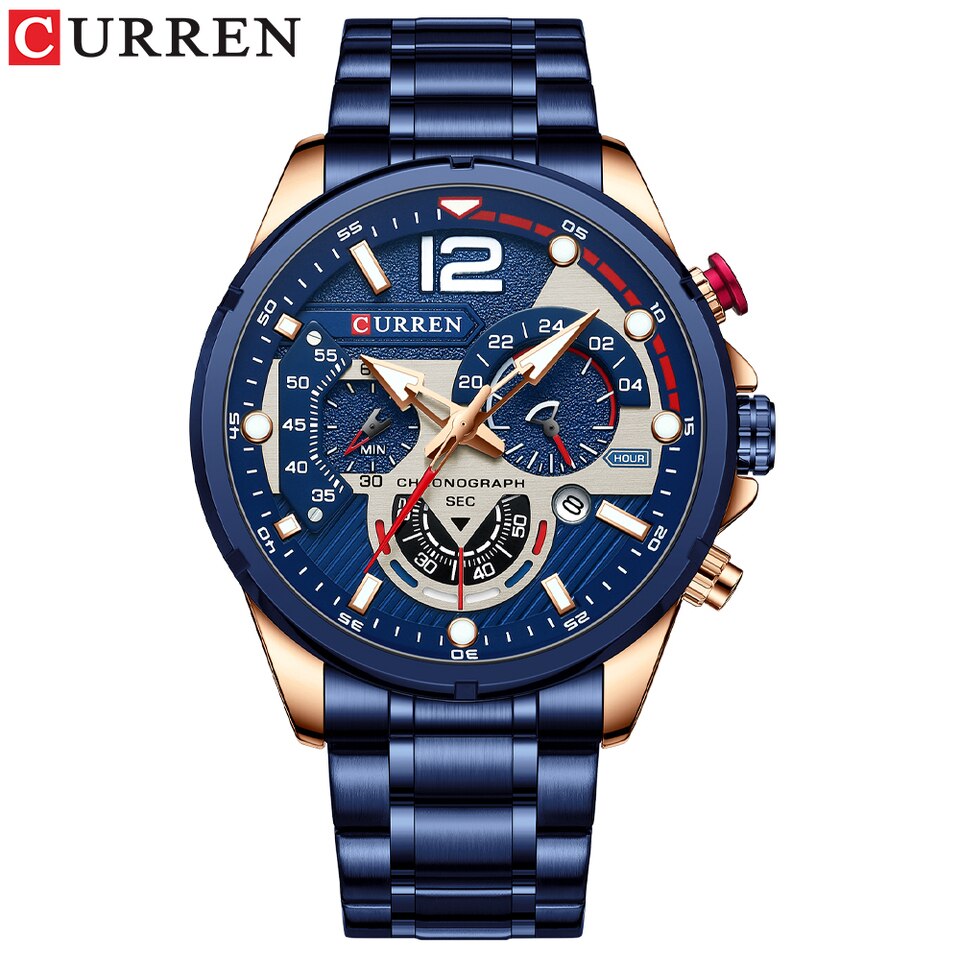 Casual Business Chronograph Waterproof Stainless Steel Watch Mens New Luxury Fashion Quartz Men wristwatch blue