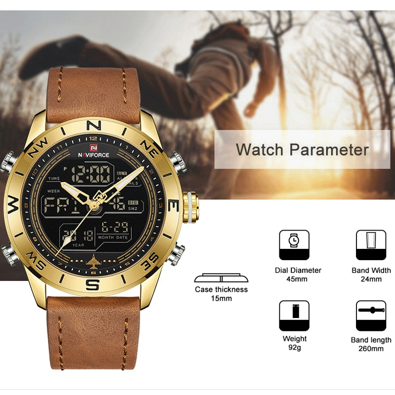 Luxury Brand Men NAVIFORCE 9144 Army Military Watch Digital Leather Sport waterproof Watches Quartz Men Clock Relogio Masculino