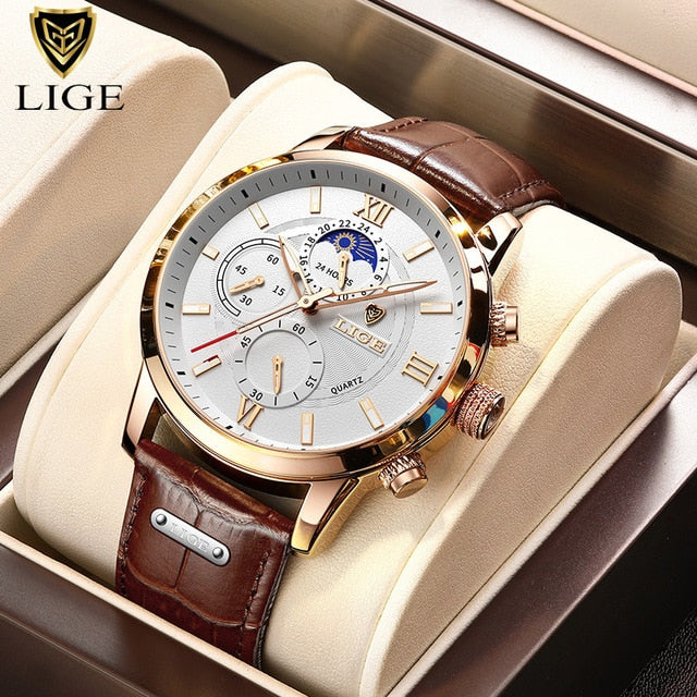 New Mens Watches LIGE Top Brand Luxury Leather Casual Quartz Watch Men Sport Waterproof Clock Watch Relogio Masculino+Box Rose gold white