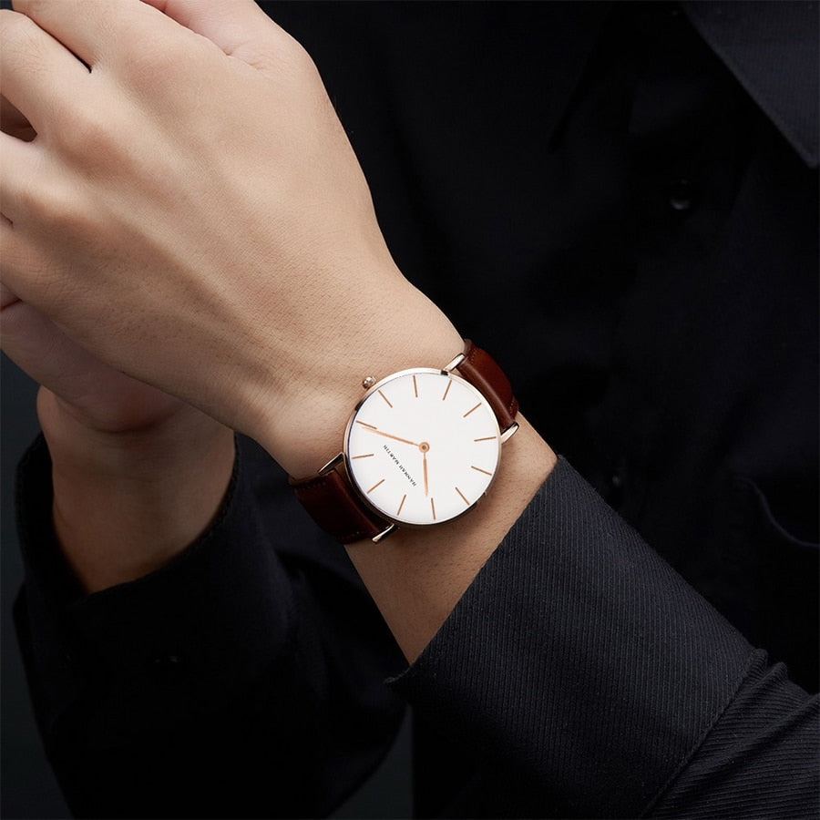 High Quality Rose Gold Dial Watch Men Leather Waterproof Wristwatch Women Dress Fashion Japan Quartz Movement Saat