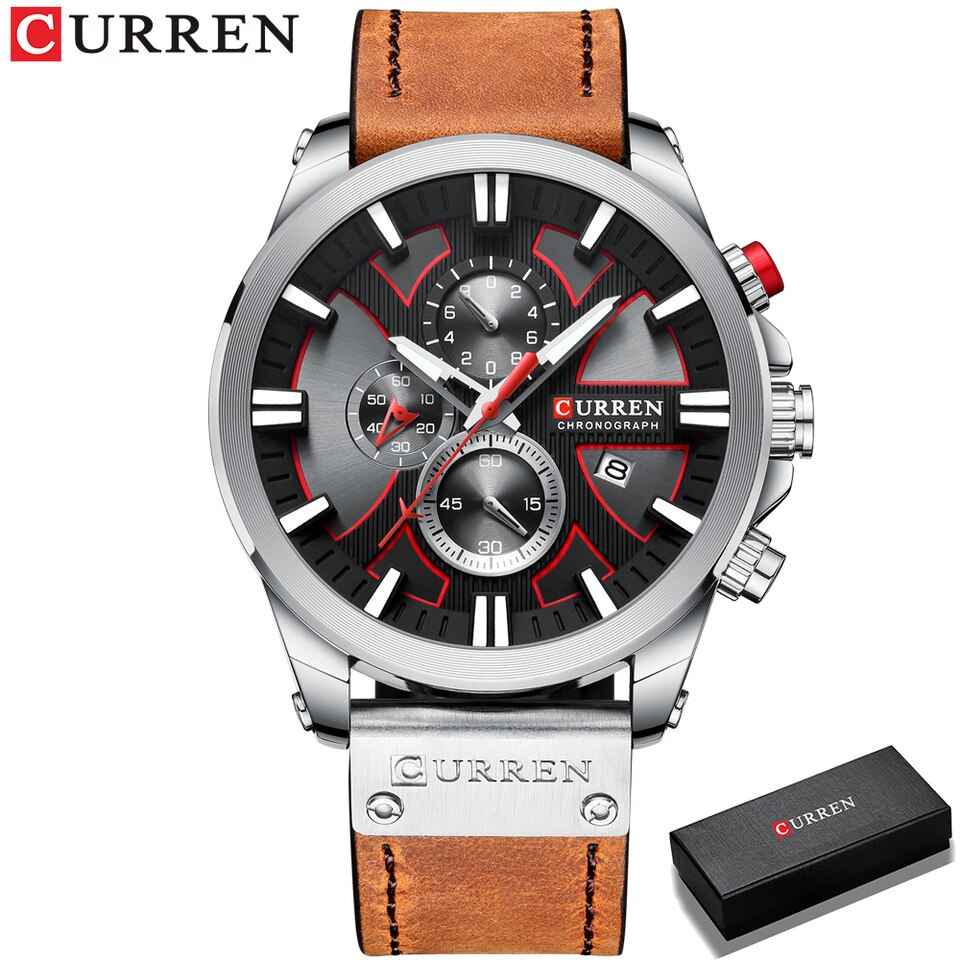 Watch Chronograph Sport Mens Watches Quartz Clock Leather Male Wristwatch Relogio Masculino Fashion Gift for Men brown silver box, China