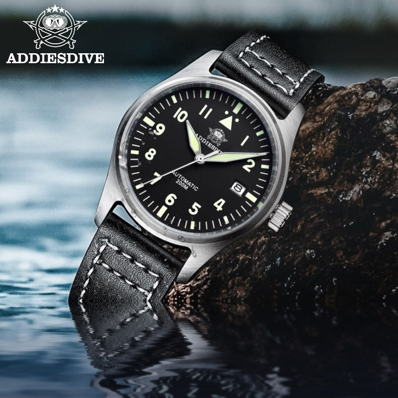 ADDIESDIVE Automatic NH35 Movement Pilot Watch C3 luminous Black Dial and 39mm Case waterproof Sapphire glass 200M Dive watches