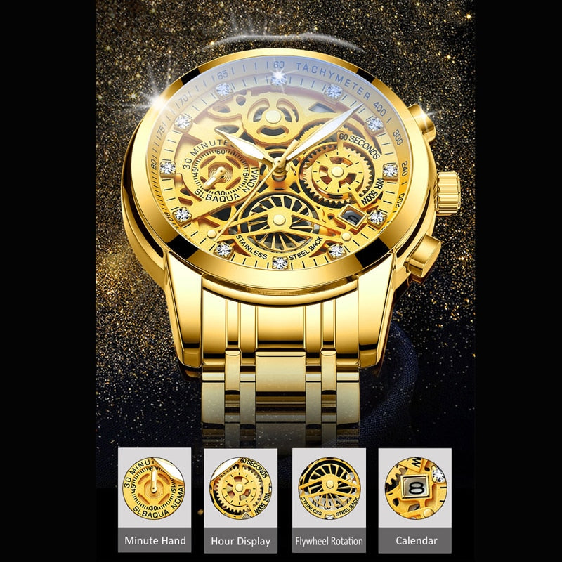 Men Watches Tourbillon Rotating Window Top Luxury Brand Fashion Quartz Men Watch Waterproof Gold Steel Business Wristwatch