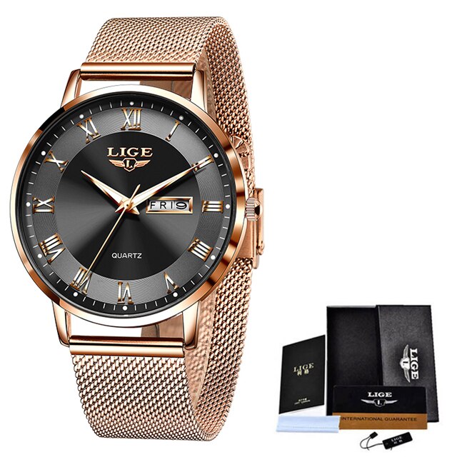 Women Watch Bracelet Quartz Clock Movement Simple Waterproof Rose Gold Stainless Steel Mesh Ladies Watches Rose gold black, China