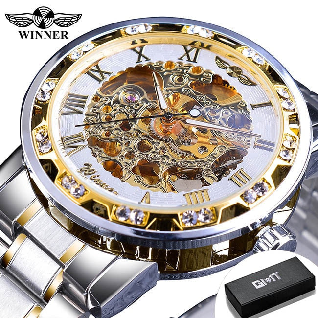 Winner Transparent Fashion Diamond Luminous Gear Movement Royal Design Men Top Brand Luxury Male Mechanical Skeleton Wrist Watch S1089-1