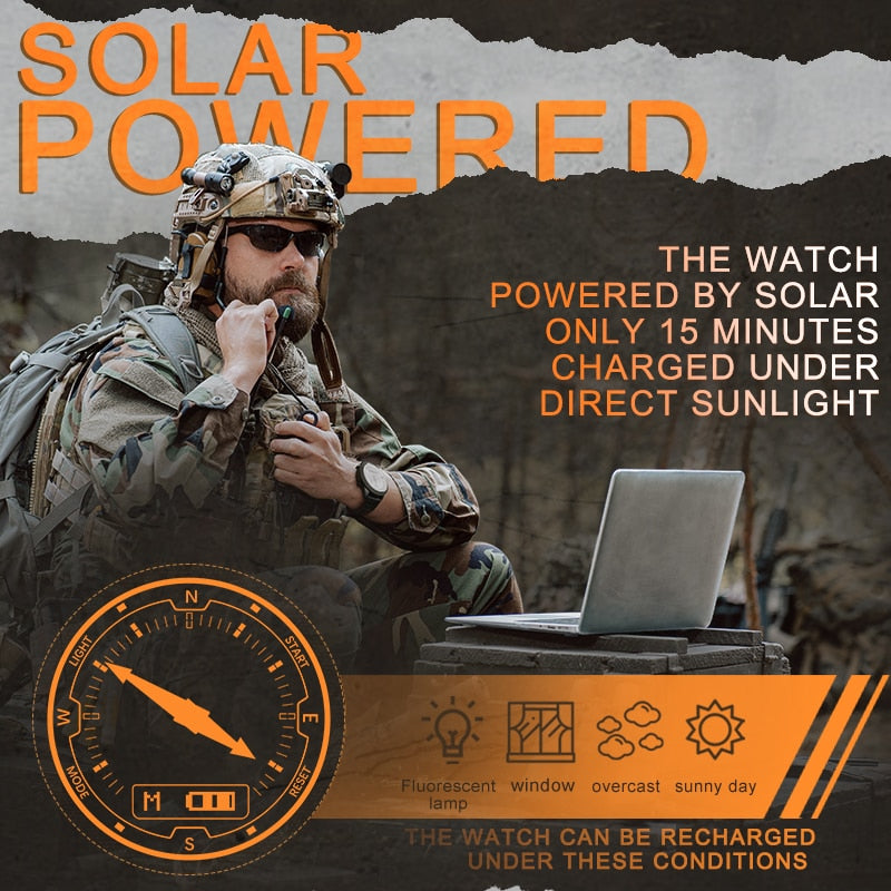 Men Solar Power Digital Watch Men's Outdoor Smart Watches Full Metal Waterproof 50M Compass Army Military Style Clock