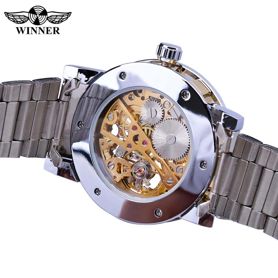 New Men Mechanical Skeleton Wrist Watch Winner Transparent Fashion Diamond Luminous Gear Movement Royal Design Men Top Brand Luxury Male