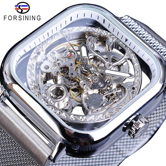 New Men Forsining Golden Automatic Watch Square Skeleton Mesh Steel Band Mechanical Business Clock Relogio Masculino Erkek Kol Saati