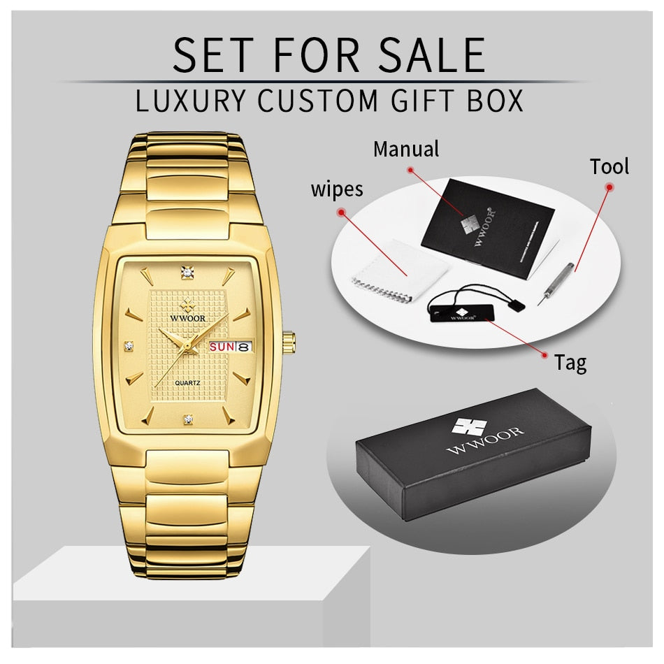 New Square Watch Men with Automatic Week Date Luxury Stainless Steel Gold Mens Quartz Wrist Watches Relogio Masculino