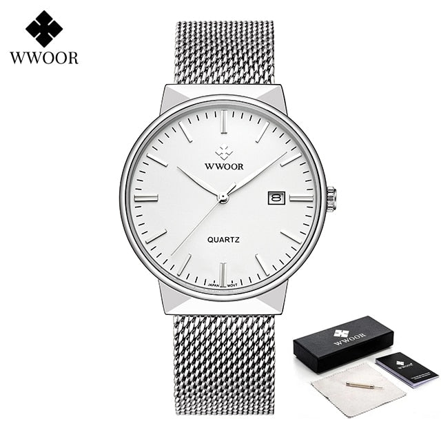 Men Simple Slim Watches Luxury Brand Gold Steel Mesh Ultra Thin Waterproof Date Wrist Watch Men Golden Clock With Box