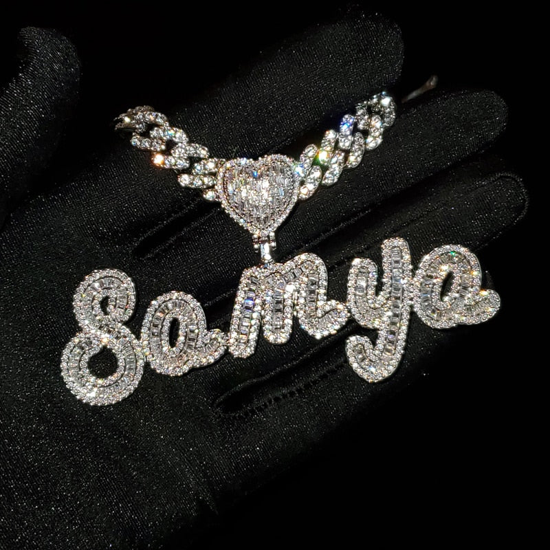 Custom Name Necklace with Heart Rhinestone Cuban Chain Word Necklace  Iced Out CZ Personalized Hiphop Jewelry