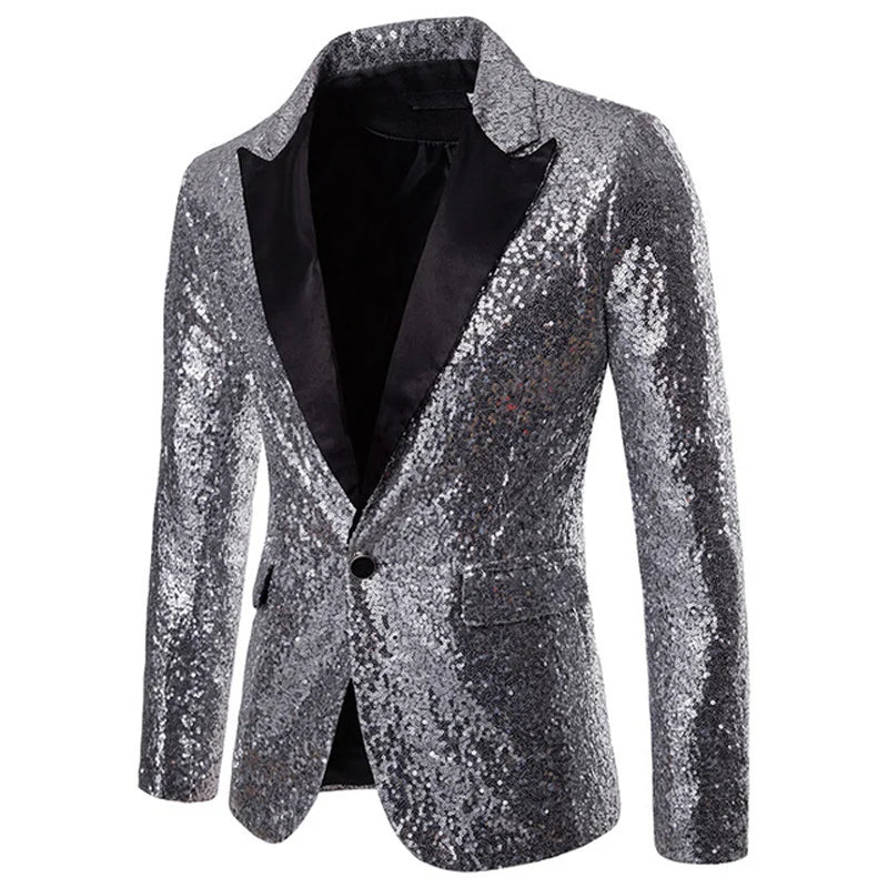 New Sequin One Button Shawl Collar Jacket Men Bling Glitter Nightclub Prom DJ Blazer XZ28 Silver, S