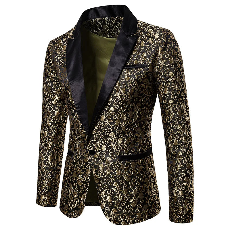 New Men Floral Party Dress Stylish Dinner Jacket Wedding Blazer Prom Tuxedo Gold, XXL