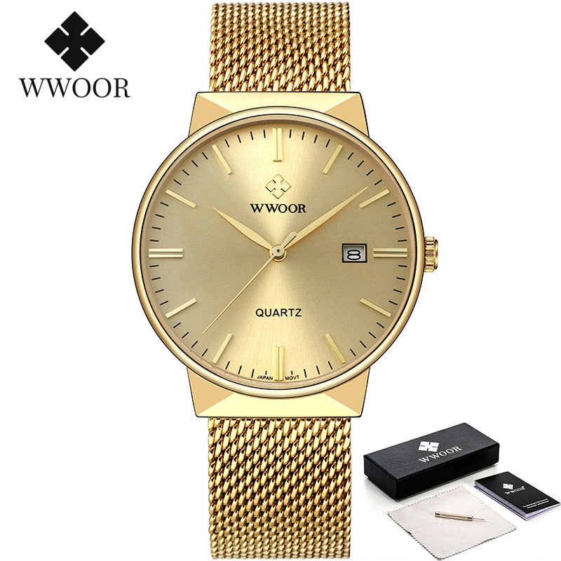 Men Simple Slim Watches Luxury Brand Gold Steel Mesh Ultra Thin Waterproof Date Wrist Watch Men Golden Clock With Box