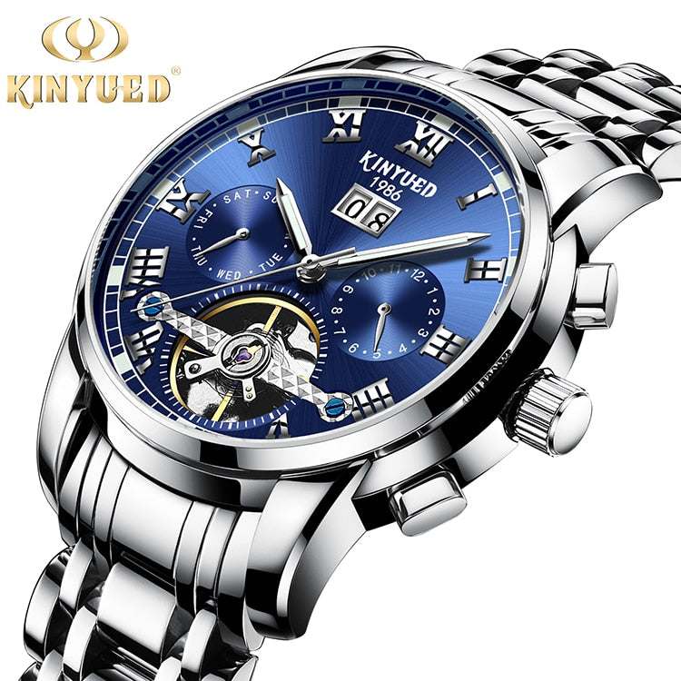 New Men Kinyued Stainless Steel Watch Band Automatic Mechanical Business Wrist Watch Luxury Brand Waterproof Watch for Men