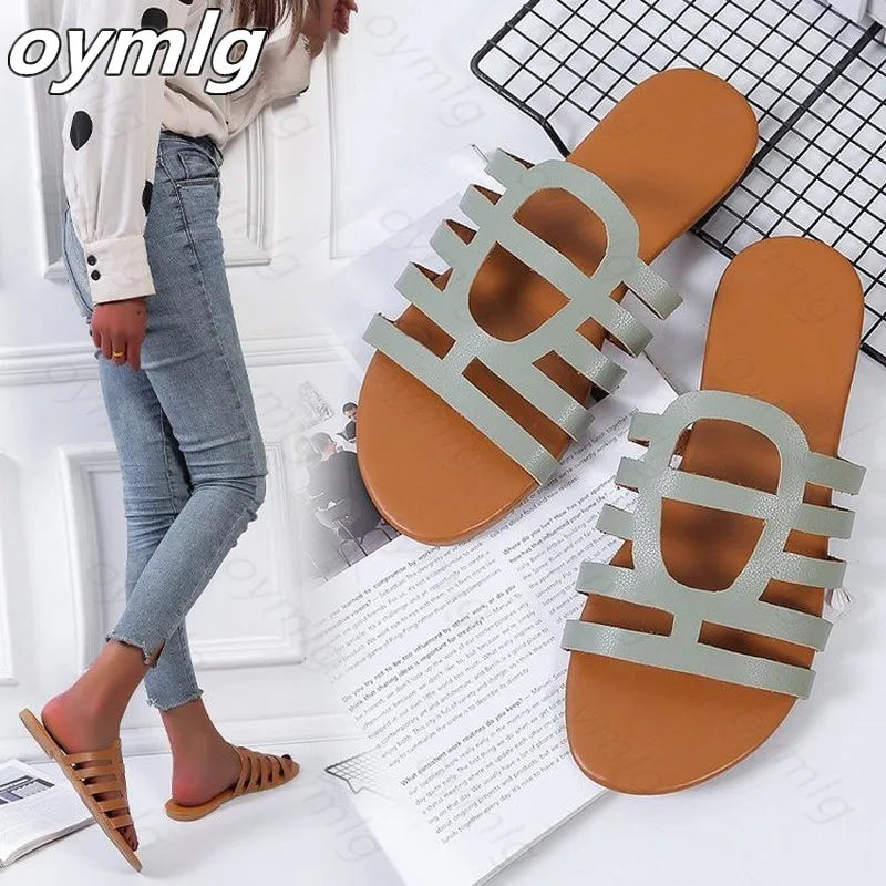 Slippers women summer Korean version new square-toe flat-heel candy color fashion outer wear sandals slippers