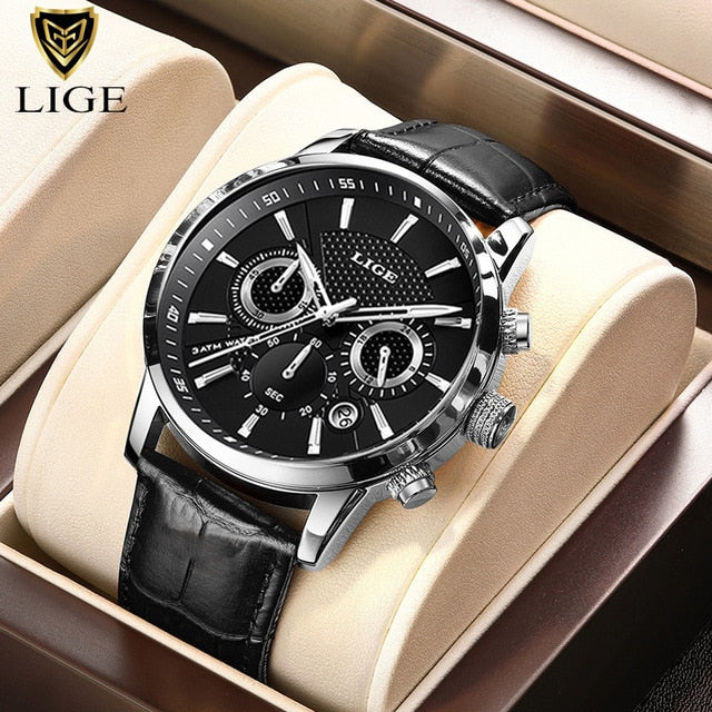 New Mens Watches LIGE Top Brand Luxury Leather Casual Quartz Watch Men Sport Waterproof Clock Watch Relogio Masculino+Box Silver black 1