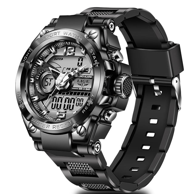 LIGE Men Military Watch Top Brand 50m Waterproof Wristwatch LED Alarm Clock Sport Watch Male relogios masculino Sport Watch Men Full black